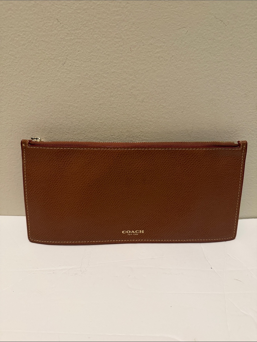 Coach Tan Brown Leather Zip Pouch with Gold Logo